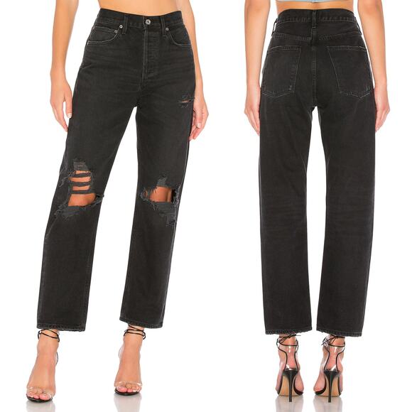AGOLDE 90s Mid Rise Loose Fit Jeans Size 24 Black Audio Distressed Denim - Picture 1 of 5